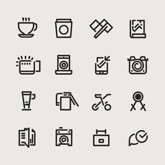 Clean minimalist vector icons set featuring coffee camera book and more scalable graphics silhouette white background
