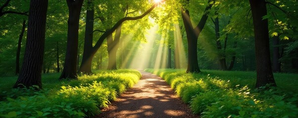Sun-dappled path winding through a lush forest park, sunlight filtering through leaves, creating a magical atmosphere Perfect for nature, tranquility, and escape themes , trees, countryside, journey