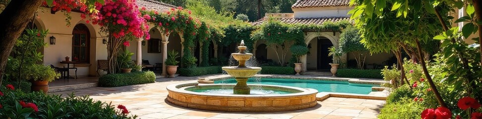 Serene Andalusian Oasis Sun-Drenched Garden with Bougainvillea, Orange Trees, and Intricate Tilework