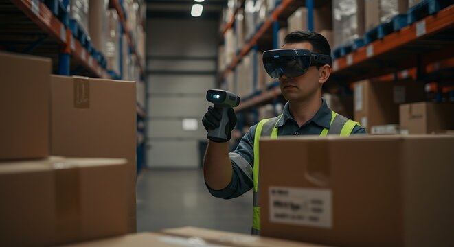 Warehouse Worker Scanning Boxes with Augmented Reality Glasses in a Modern Distribution Center