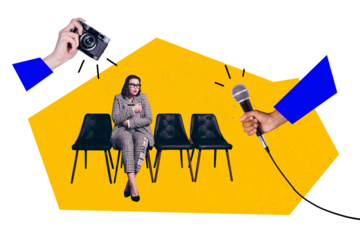 Composite trend artwork sketch image photo collage of young lady confused shy hold tablet sit chair microphone camera journalist interview