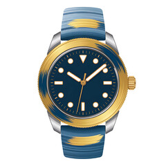 A stylish wristwatch with a blue and gold band capturing the essence of modern art with a golden
