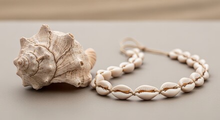 Fototapeta premium Closeup shot of a textured seashell and a necklace made of cowrie shells