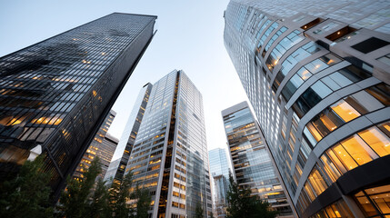 Fototapeta premium Aerial View of Business District Skyline at Sunset