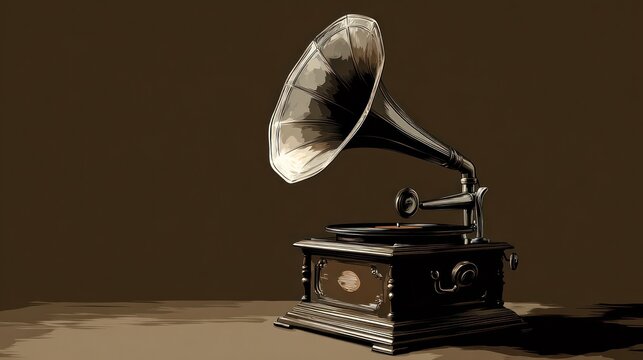 Vintage gramophone illustration classic audio device on brown background