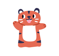 Cute tiger, hand puppet. Funny glove toy. Plush marionette animal character. Happy smiling dummy for puppetry playing. Kids childish flat vector illustration isolated on white background.