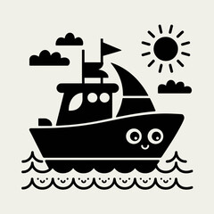 Cute cartoon boat silhouette vector icon for nautical themed designs and illustrations silhouette white background