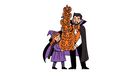 Halloween Pumpkin Stack: A father and daughter in whimsical costumes collaborate to balance a towering stack of carved pumpkins, creating a playful atmosphere of joy and celebration. 