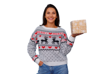 Woman holding christmas gift, wearing holiday sweater with deer and merry text, festive season present shopping