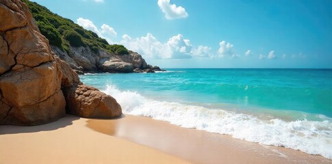 Sun-drenched coastal rocks meet the turquoise ocean waves, creating a stunning beach landscape Perfect for travel, nature, and summer themes , rockscape, water