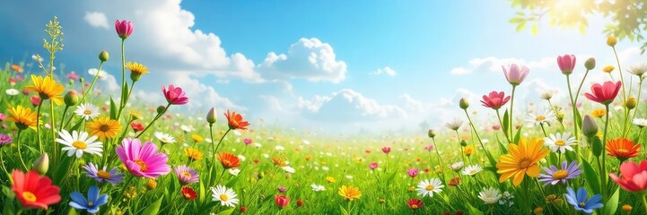 Vibrant spring meadow bursting with colorful wildflowers in full bloom under a bright, sunny sky Perfect for springtime themes, Easter, or nature projects , yellow, serene