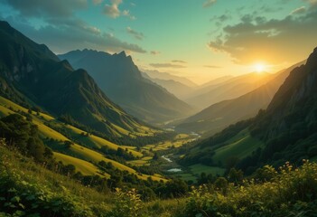 Fototapeta premium Emerald Dusk Vibrant Greens and Golds Illuminate a Mountainous Horizon