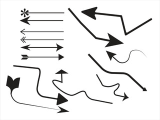 This image showcases a variety of arrow designs on a white background. It includes simple straight arrows with different arrowhead styles, as well as more complex, curved, and zig-zagging arrows. Some