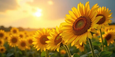 Obraz premium Vibrant sunflowers basking in the warm glow of sunlight, their golden petals reaching towards the sky A breathtaking display of nature's beauty and the power of the sun , bright yellow, nature