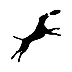 Energetic dog silhouette catching a frisbee mid air with white background