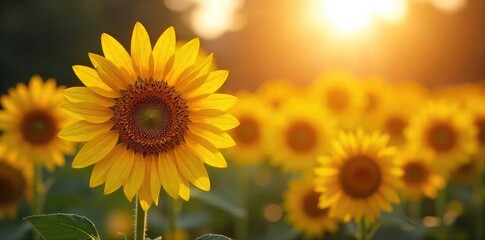 Obraz premium Vibrant sunflowers bathed in warm sunlight, their faces turned towards the radiant sun A stunning display of nature's beauty and the joy of summer , green, plant