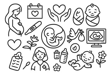 Pregnancy and birth doodle icon set. Motherhood and maternity concept. Pregnant woman, newborn baby, fetus, ultrasound. Line art vector illustration for obstetrics and family.