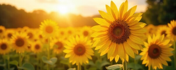 Obraz premium Vibrant sunflowers bask in the warm glow of summer sunshine, their faces turned towards the golden light A picturesque scene of nature's beauty and abundance , light, sunny