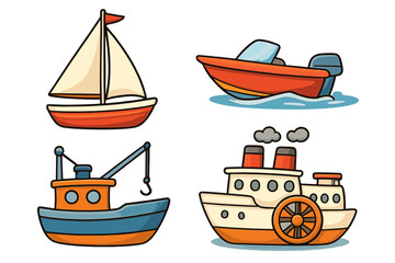 Boat and ship cartoon vector icon set. Water transport vehicle collection. Cute illustration of sailboat, motorboat, fishing trawler and vintage paddle steamer. Marine travel.