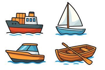 Boat and ship icon set. Vector cartoon illustration collection with cargo ship, sailboat, motorboat, and rowboat. Water transport, travel, and recreation concept design.