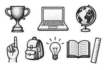 Back to school sticker set. Hand-drawn education icons in retro collage halftone style. Vector elements for learning, study, and achievement, including laptop, book, and globe.
