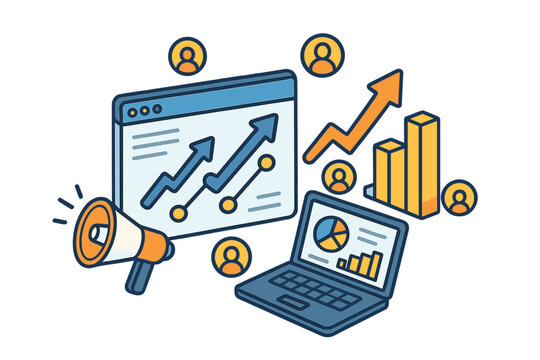 Website traffic analysis isometric concept. Digital marketing strategy and SEO for business growth. Data analytics report with charts, graphs, user engagement and promotion vector.