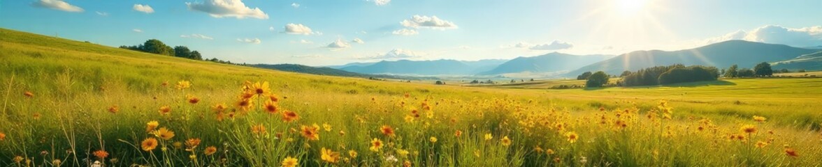 Sun-drenched meadow on a sprawling ranch, wildflowers blooming amidst tall grasses, under a vast, clear sky Rolling hills in the distance, peaceful and idyllic rural scene , green, tranquil, plants