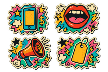 Obraz premium Y2K sale stickers set for promotion. Retro 90s doodle badge collection for advertising. Comic pop art collage with megaphone, mouth, phone and price tag for discounts.