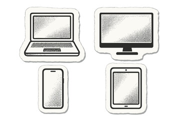 Halftone device icon set on torn paper stickers. Retro tech symbols including laptop, monitor, smartphone, and tablet. Vector for business, coworking, study and communication.