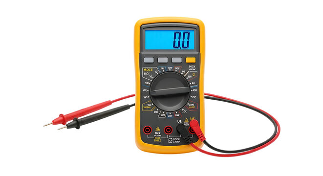 Yellow digital multimeter with red and black probes displaying zero volts isolated on white background