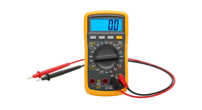 Yellow digital multimeter with red and black probes displaying zero volts isolated on white background - Powered by Adobe