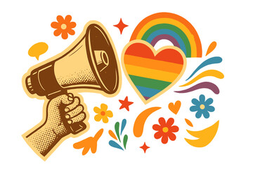 Retro Pride Month vector collage with hand holding megaphone. Concept for LGBTQ rights, love, and celebration. Rainbow heart and paper cut-out elements for a creative banner design.