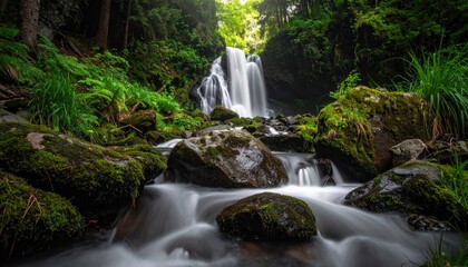 Cascading Waterfall Flowing through Mossy Rocks in Lush Green Forest with Long Exposure Technique Creating Dreamy Effect