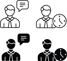 Businessman Icons with Speech and Clock – Communication and Time Management Symbols and Vector Silhouette..eps