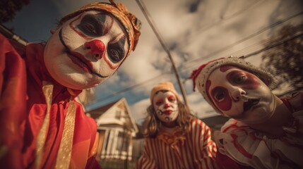 Obraz premium Spooky Fashion Theme: Children wearing creative Halloween costumes in suburban street 