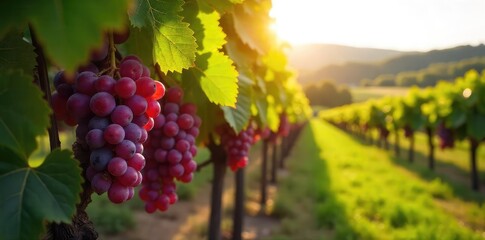 Sun-drenched rows of ripening grapes hanging heavy on the vine, ready for harvest at a picturesque winery Lush greenery and rolling hills complete the idyllic scene , rural, sunlight, grapes
