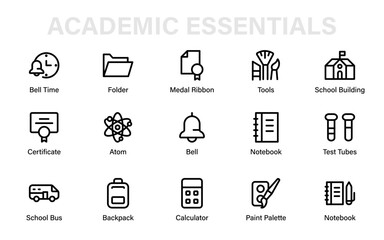 Academic essentials line icon set featuring school, learning, science, art, math, and achievement elements for education, study, and classroom design