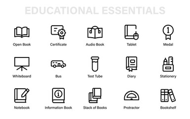 Educational essentials icon set with books, certificates, whiteboard, medal, test tube, and study tools for school, library, and classroom design