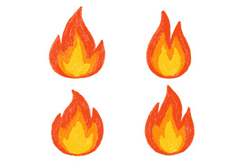 Set of fire flames with crayon or chalk texture. Childish hand-drawn vector illustration. Cartoon bonfire concept. Hot burning campfire symbol for energy, danger, passion.