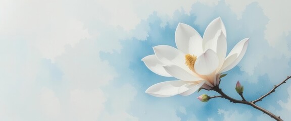 Watercolor White Magnolia Blossom, Soft Blue Sky Background, Delicate Brushstrokes, Ethereal Light, Dreamy Floral Painting