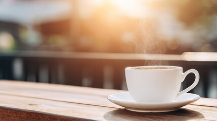 Obraz premium crema. Steaming hot latte cup on an elegant cafe table, evoking a warm morning breakfast atmosphere. bar promotions, beverage menus, designed for food & beverage menus and cafe branding.