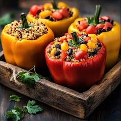 Stuffed bell peppers with quinoa, black beans, and tomatoes, baked to perfection, on a rustic baking tray