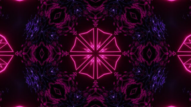 Neon mandala kaleidoscope acid abstract background glowing with octagonal fractal structures, futuristic luminous visuals endlessly transforming radiant motion patterns