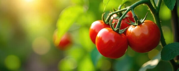 Sun-drenched tomatoes ripening on the vine in a lush Italian garden, ready for harvest Vibrant colors and textures showcase the beauty of Italian agriculture , vine, food, fresh
