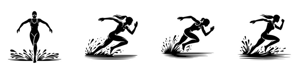 Modern Minimalist Women Sprinting in Water Race Icon, Flat Silhouette of a Sport Athlete Vector for Competition Illustration Design