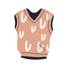 Vest, sleeveless sweater, knitted clothing. Autumn and winter apparel. Modern casual warm knitwear with geometric pattern, unisex cozy style. Flat vector illustration isolated on white background.