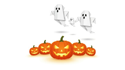 A Spooky Gathering: A cheerful collection of jack-o'-lanterns with spooky eyes and playful ghosts, perfect for Halloween spirit. 