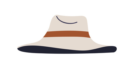 Summer hat with wide brim, ribbon band. Modern unisex headwear. Elegant fedora head wear, accessory for sun protection, fashion style. Flat graphic vector illustration isolated on white background.