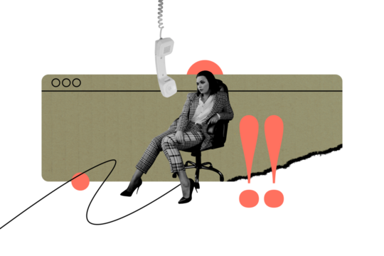 Creative collage young businesswoman telephone landline customer support call ring answer listen attention interface window web