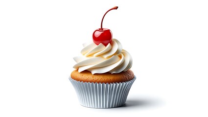 Delicious vanilla cupcake with cherry topping isolated on white background